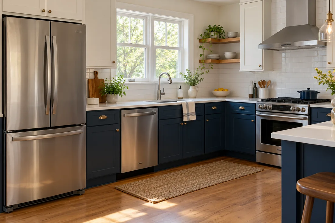 Refrigerator, dishwasher, and oven in a bright residential kitchen
